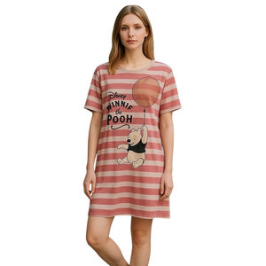 Winnie The Pooh T-Shirt Dress Womens Large Pink Beige Striped Graphic Pajama Top